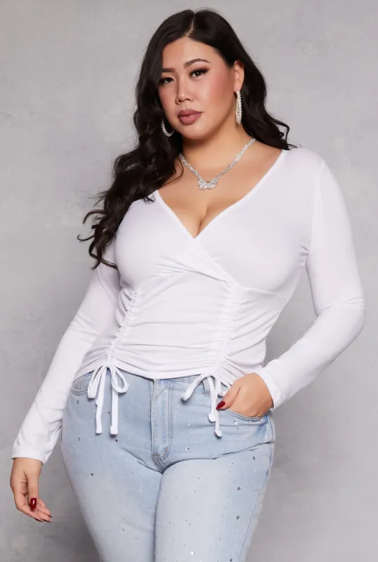 Plus Size Drawstring Ruched Faux Wrap Top sold by Rainbow