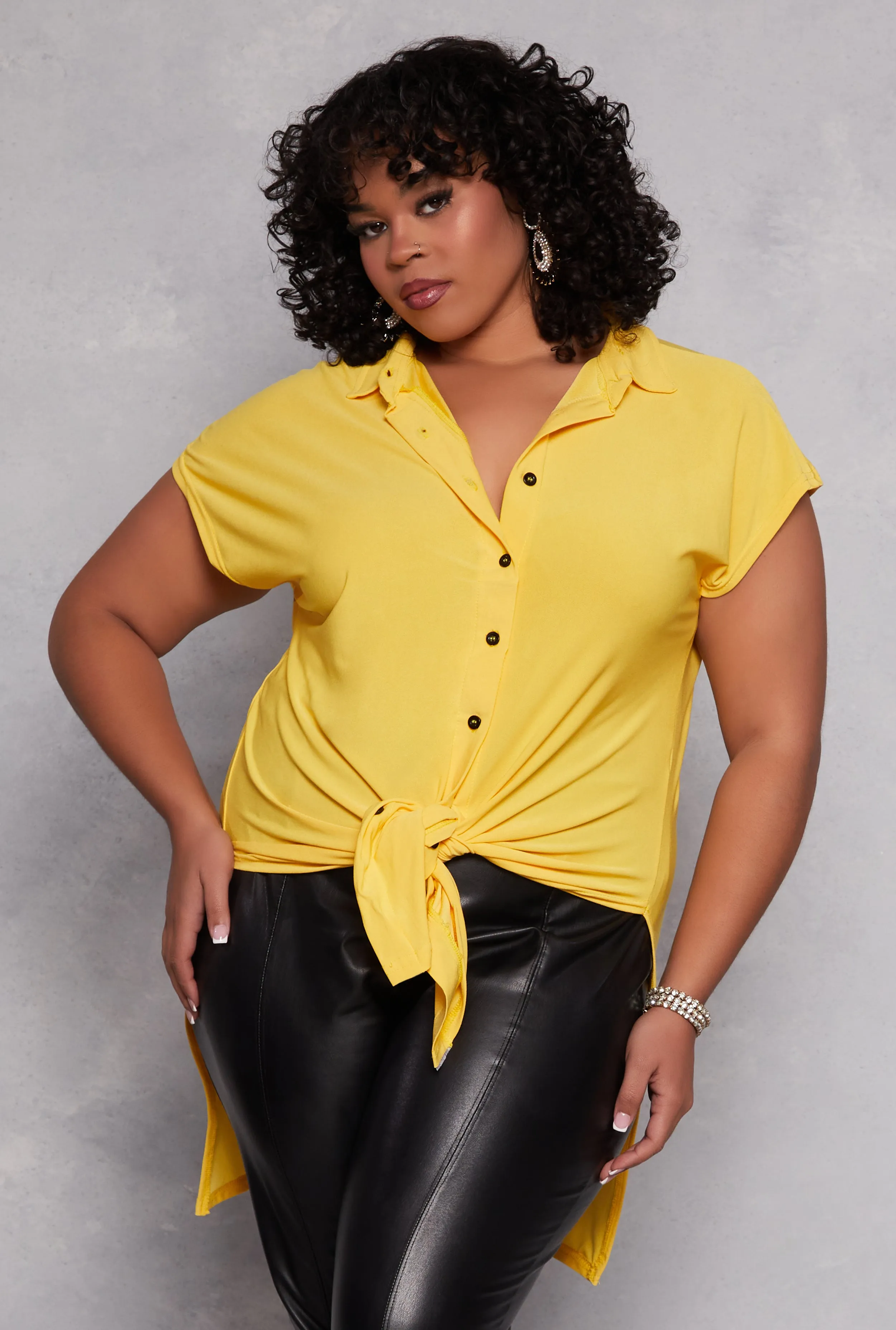 Plus Size Cap Sleeve Tie Front High Low Shirt sold by Rainbow