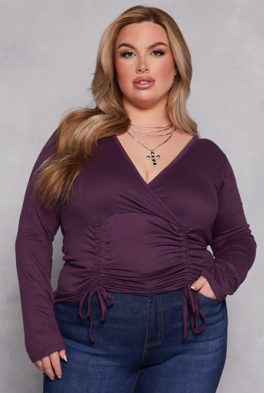 Plus Size Drawstring Ruched Faux Wrap Top sold by Rainbow