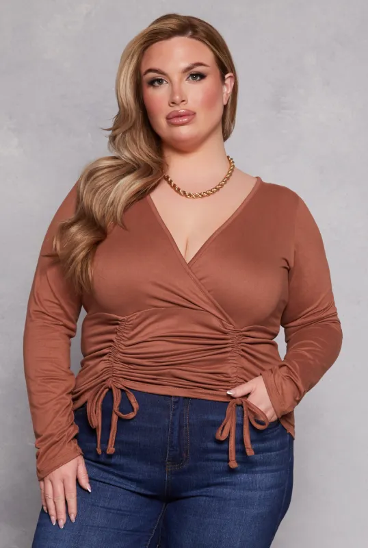 Plus Size Drawstring Ruched Faux Wrap Top sold by Rainbow