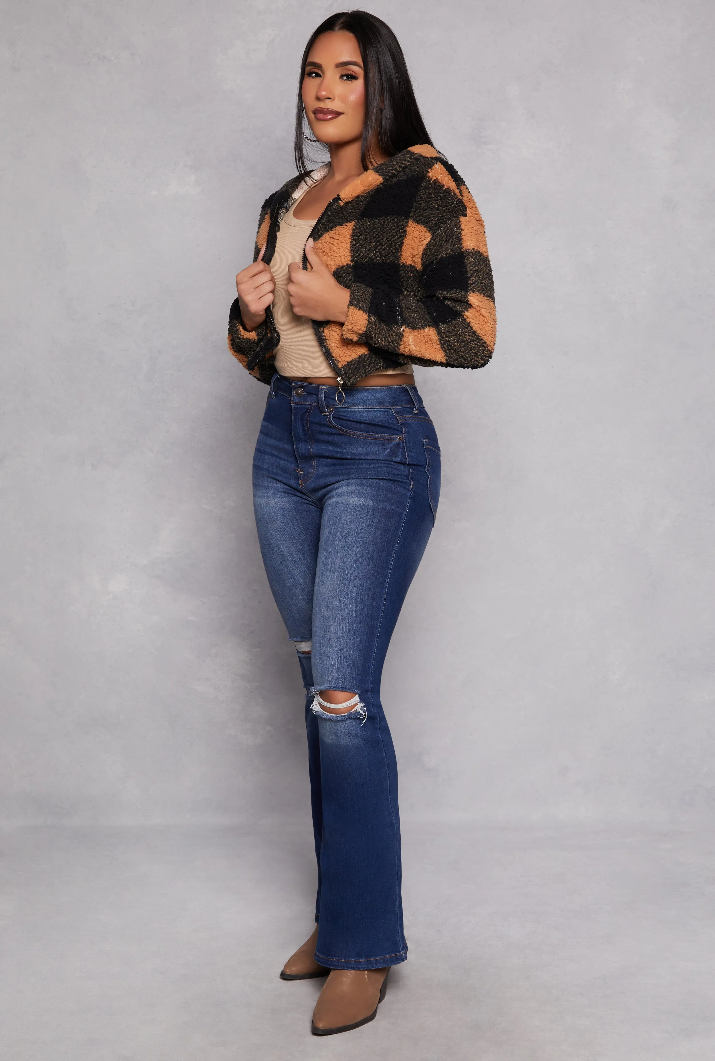 Buffalo Plaid Zip Front Hooded Cropped Jacket sold by Rainbow product image thumbnail 2