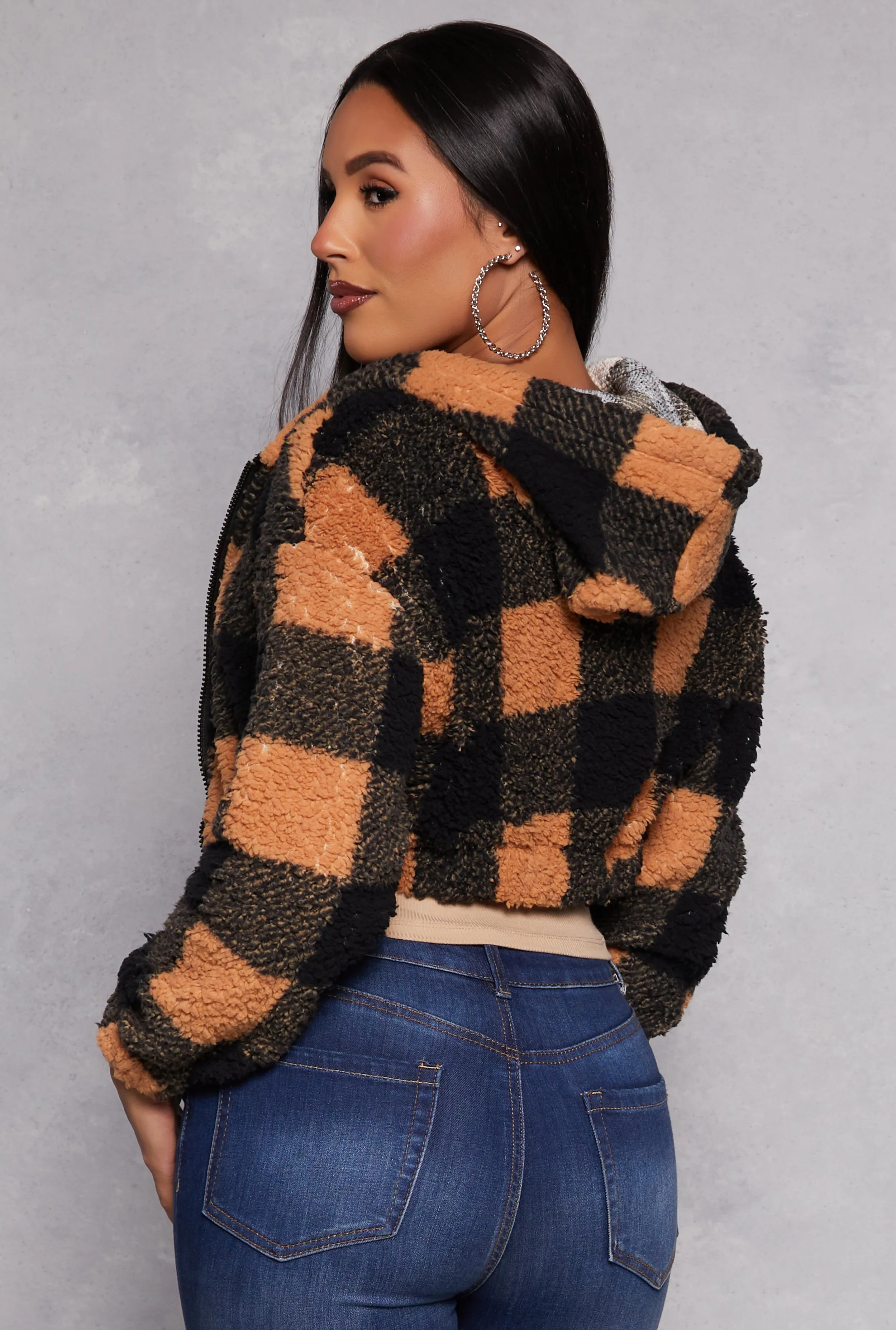 Buffalo Plaid Zip Front Hooded Cropped Jacket sold by Rainbow product image thumbnail 3