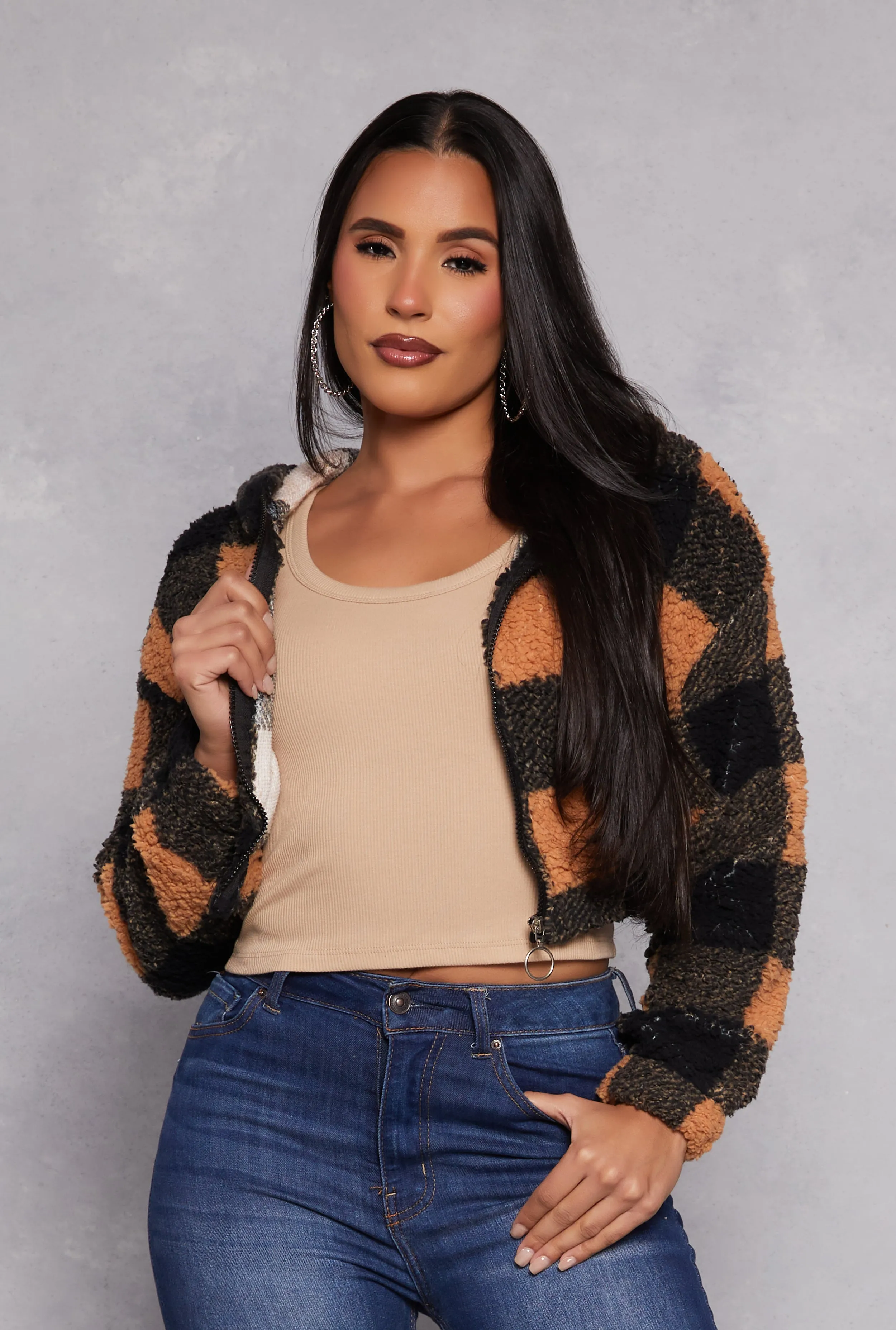 Buffalo Plaid Zip Front Hooded Cropped Jacket sold by Rainbow