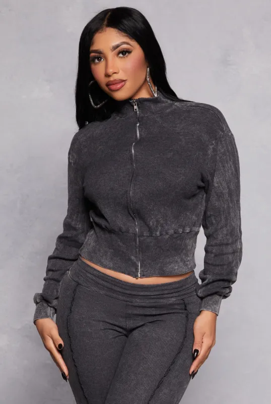 Ribbed Knit Acid Wash Zip Front Crop Top sold by Rainbow