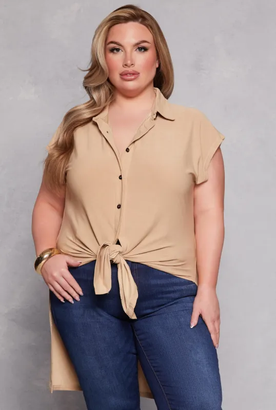 Plus Size Cap Sleeve Tie Front High Low Shirt sold by Rainbow