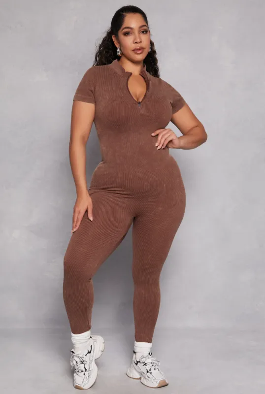 Plus Size Ribbed Knit Zip Neck Catsuit sold by Rainbow