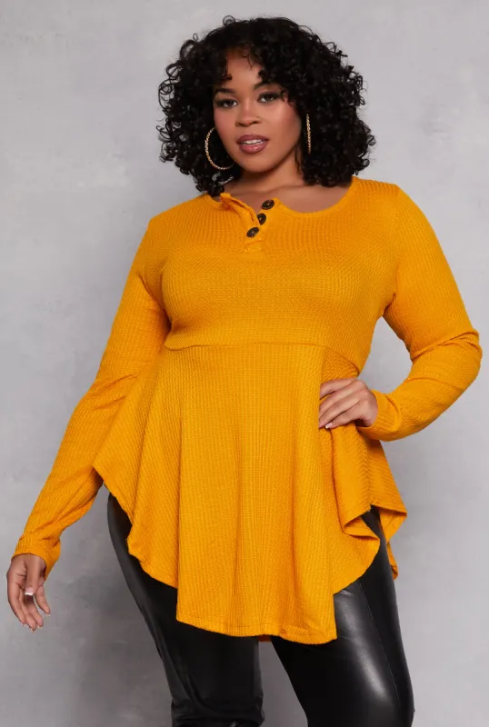 Plus Size Waffle Knit Henley Peplum Top sold by Rainbow