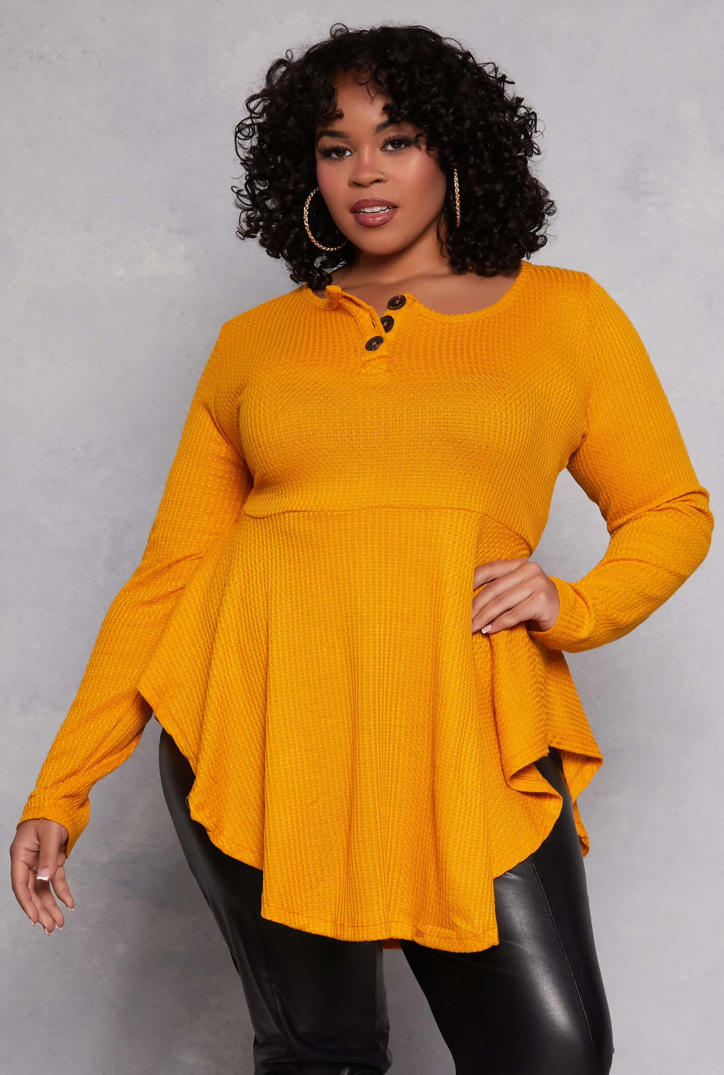 Plus Size Waffle Knit Henley Peplum Top sold by Rainbow