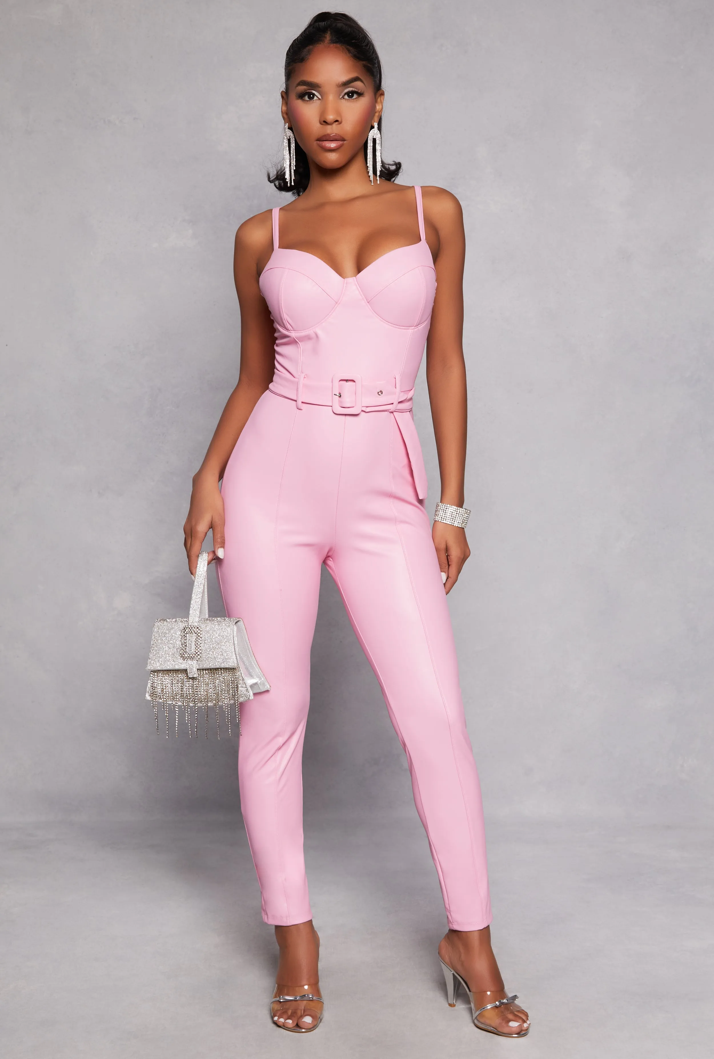 Haute Monde Faux Leather Belted Bustier Jumpsuit sold by Rainbow