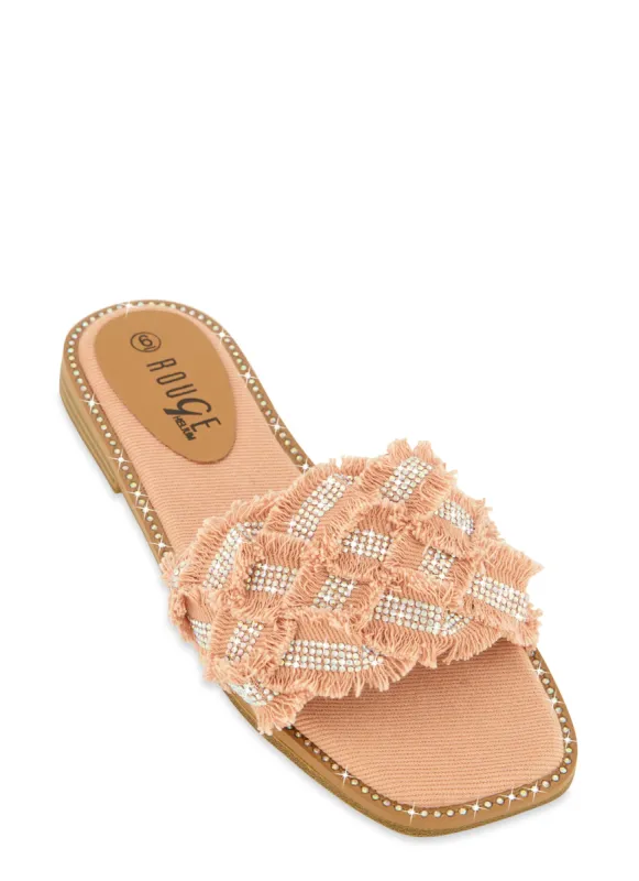 Rhinestone Frayed Braided Band Slide Sandals sold by Rainbow