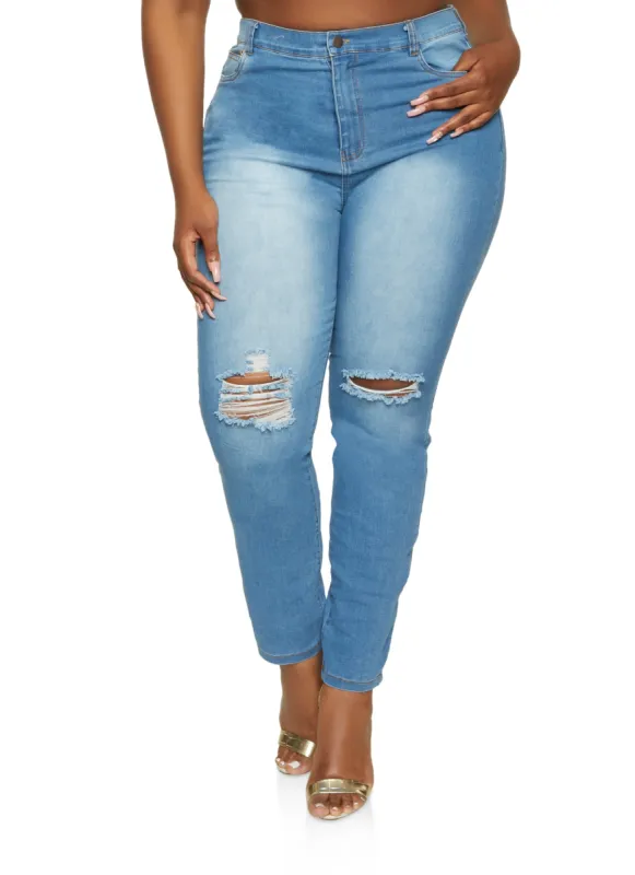 Plus Size Ripped Knee Skinny Jeans sold by Rainbow