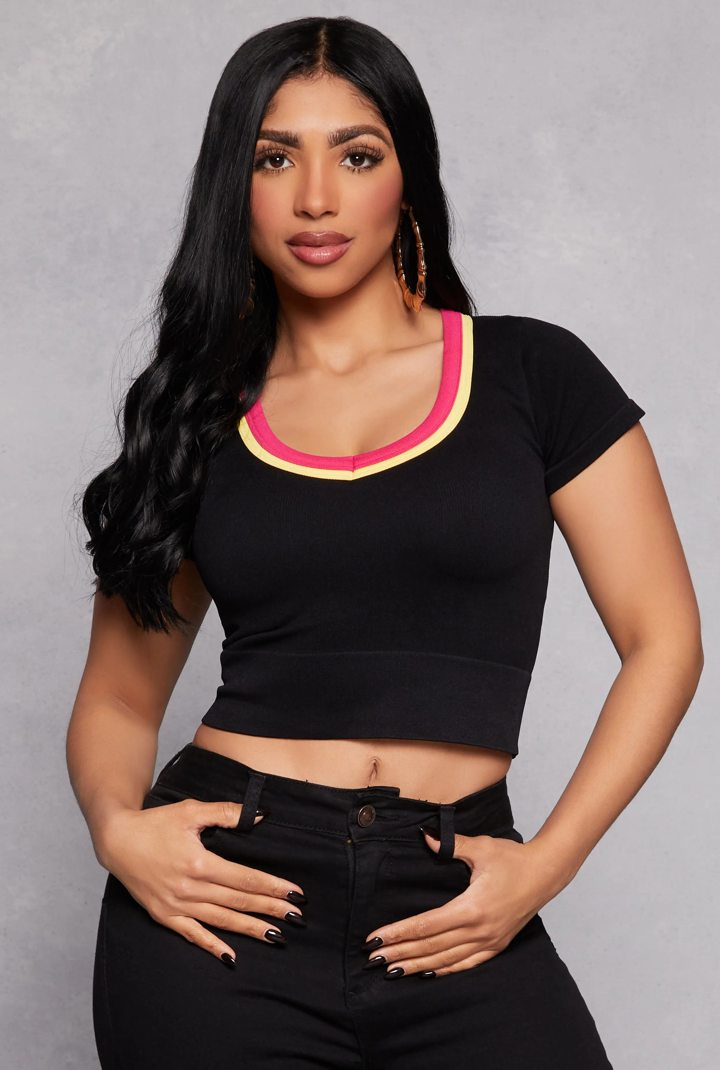 Seamless Ribbed Contrast V Neck Crop Top sold by Rainbow