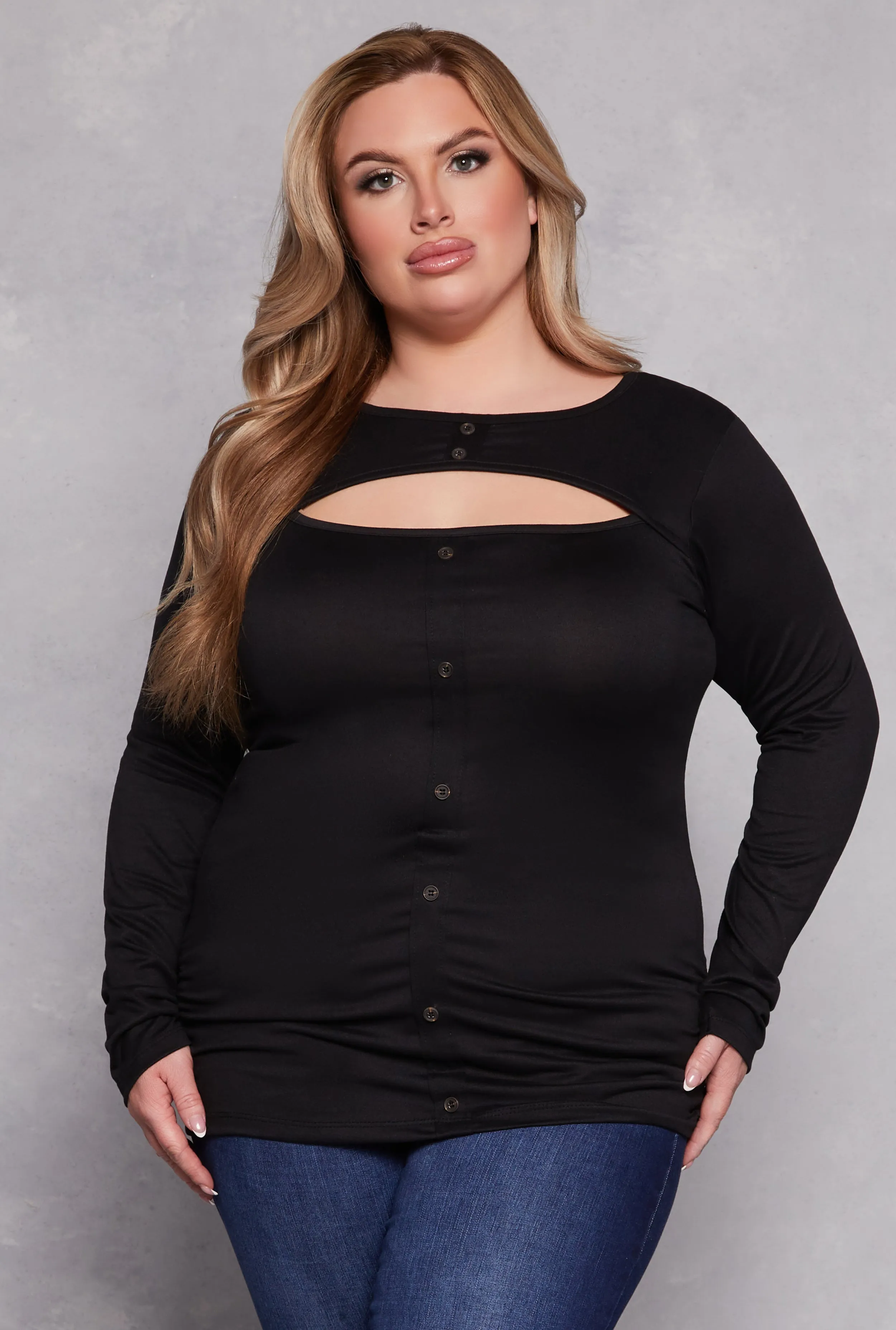 Plus Size Button Detail Cut Out Top sold by Rainbow