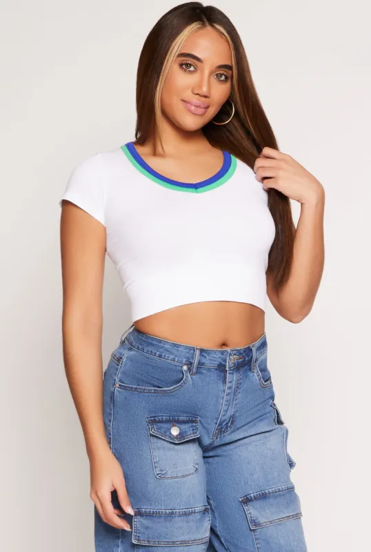 Seamless Ribbed Contrast V Neck Crop Top sold by Rainbow