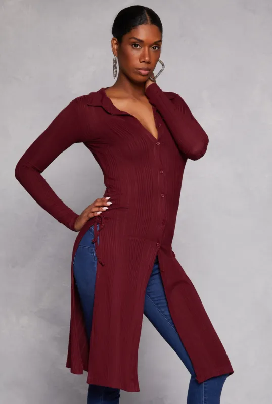 Ribbed Knit Button Front Lace Up Maxi Top sold by Rainbow