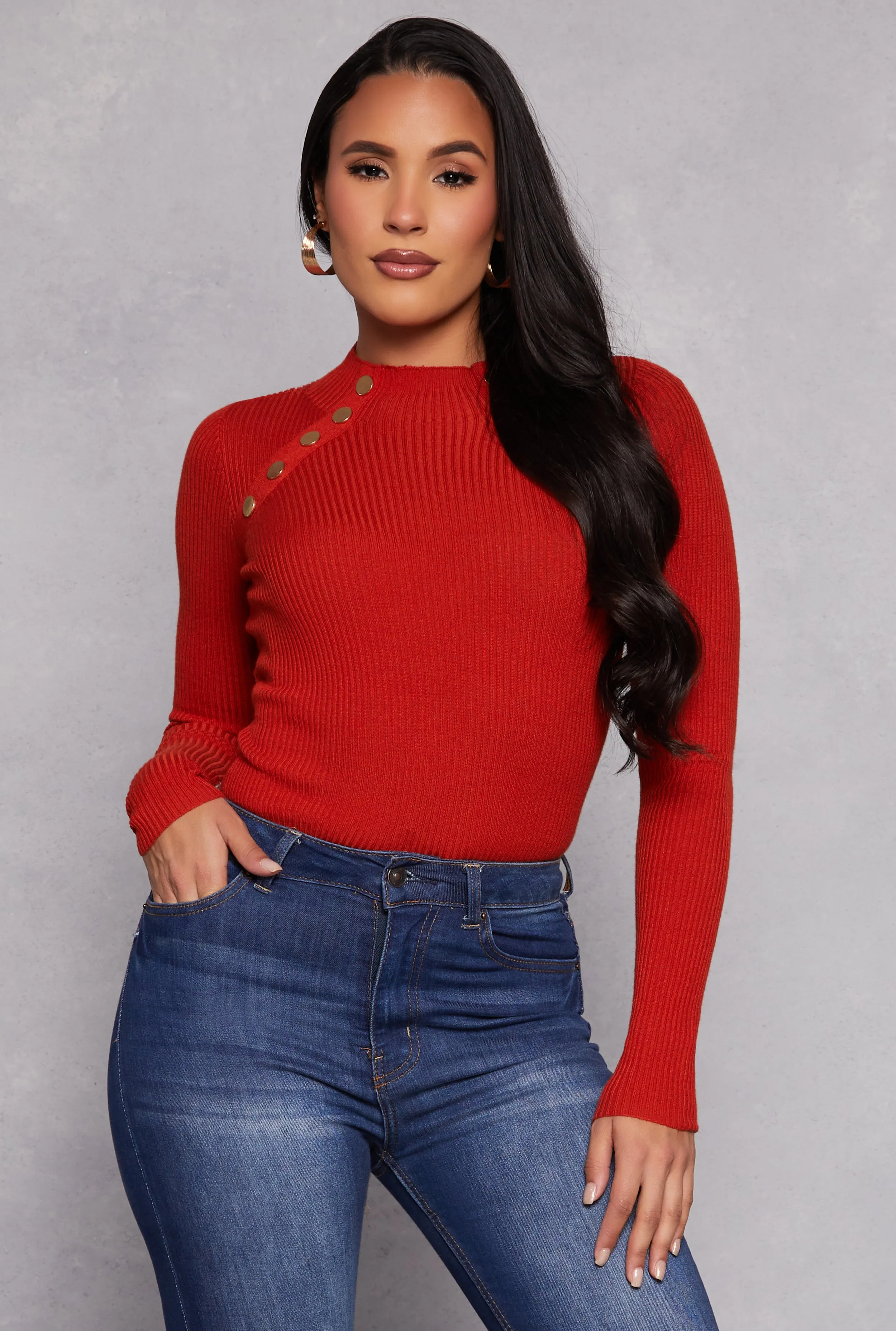 Button Detail Mock Neck Top sold by Rainbow