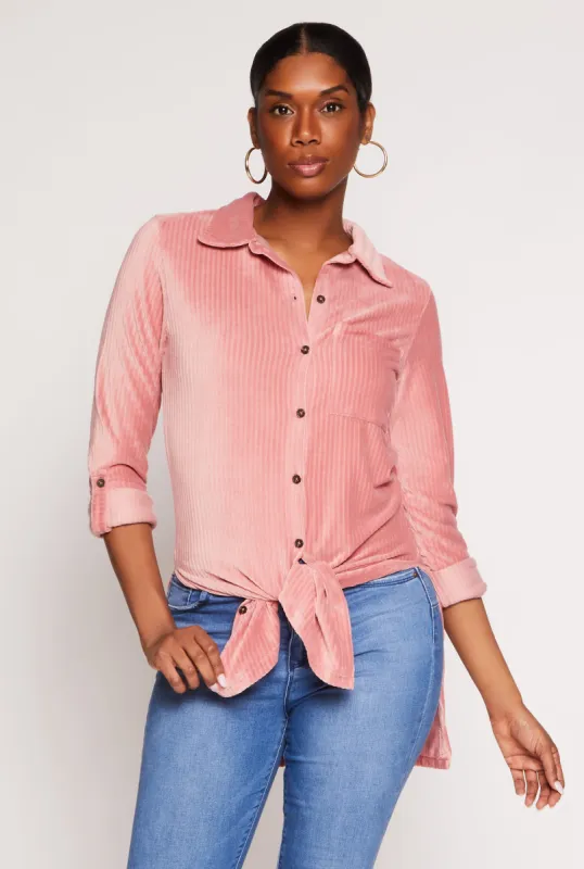 Ribbed Velvet Button Front Tunic Top sold by Rainbow