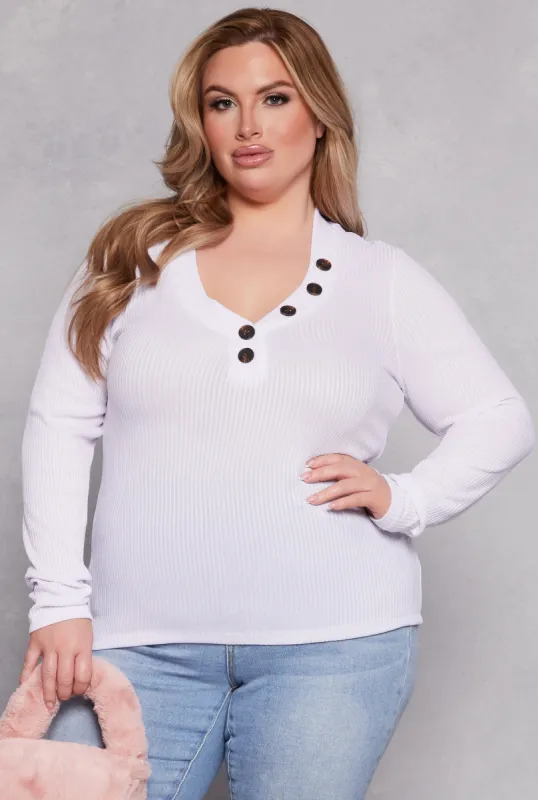 Plus Size Brushed Ribbed Knit V Neck Top sold by Rainbow