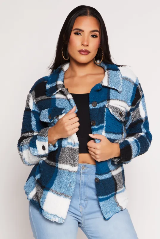 Plaid Sherpa Button Front Shacket sold by Rainbow