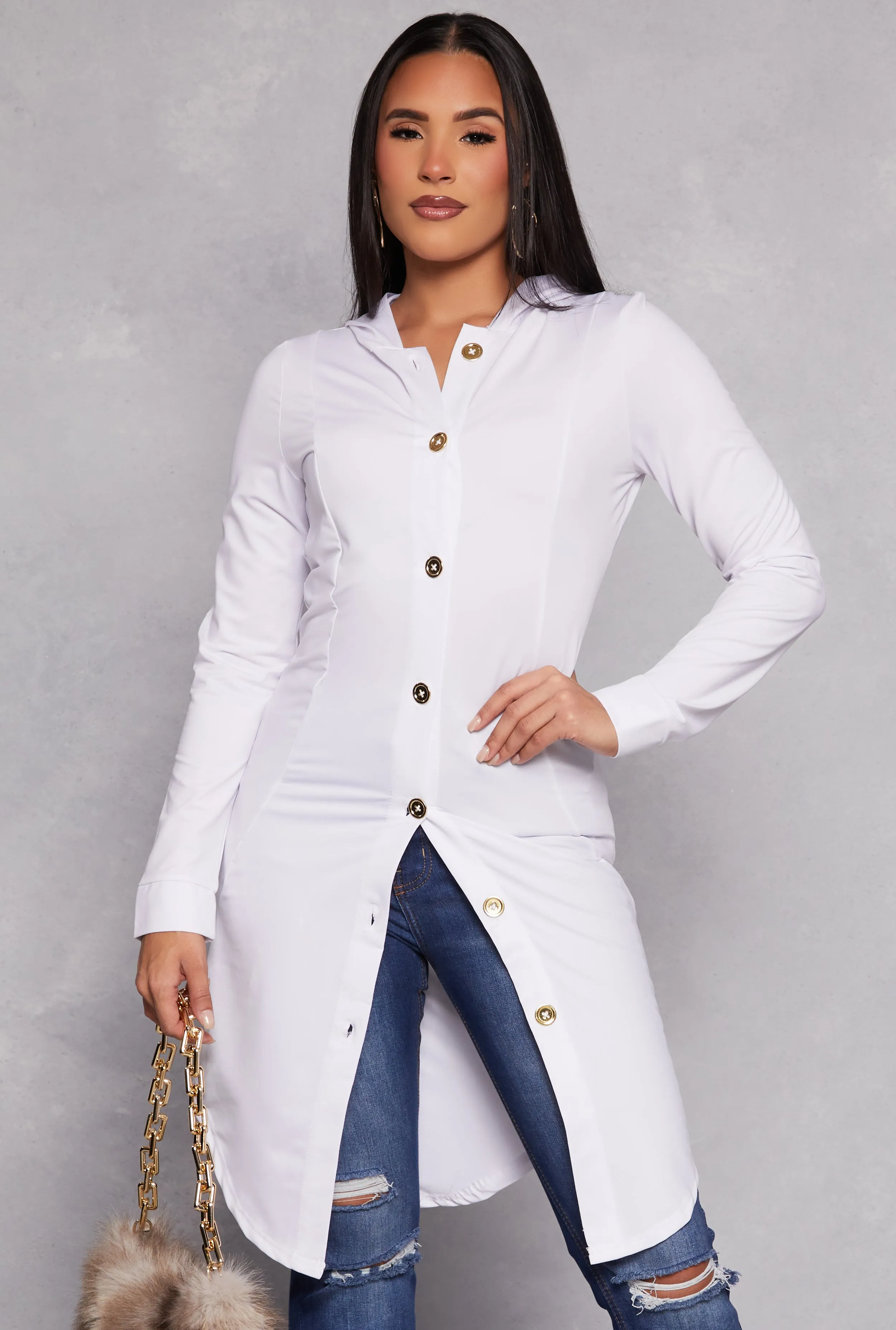 Button Front Hooded Tunic Top sold by Rainbow