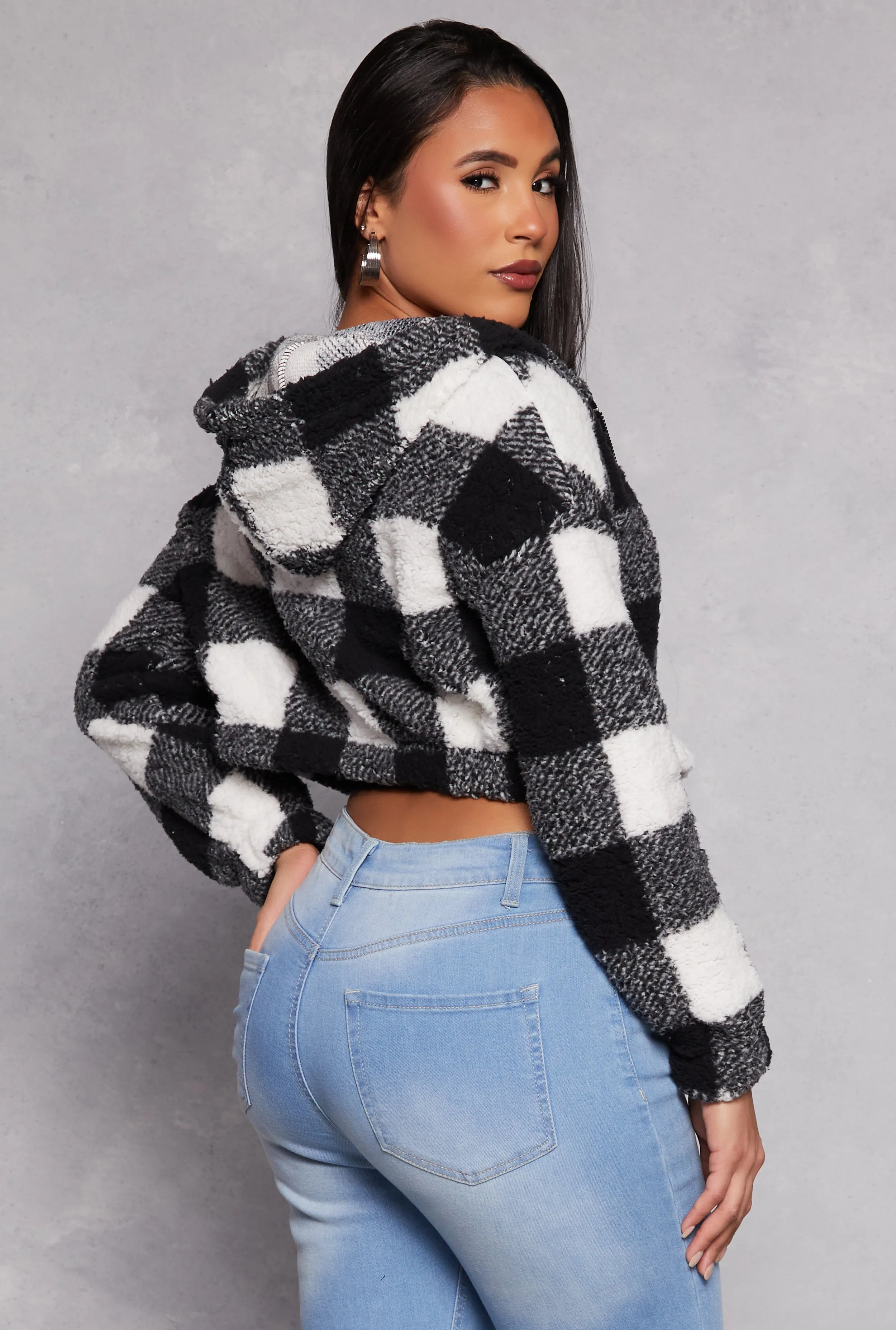 Buffalo Plaid Zip Front Hooded Cropped Jacket sold by Rainbow product image thumbnail 3