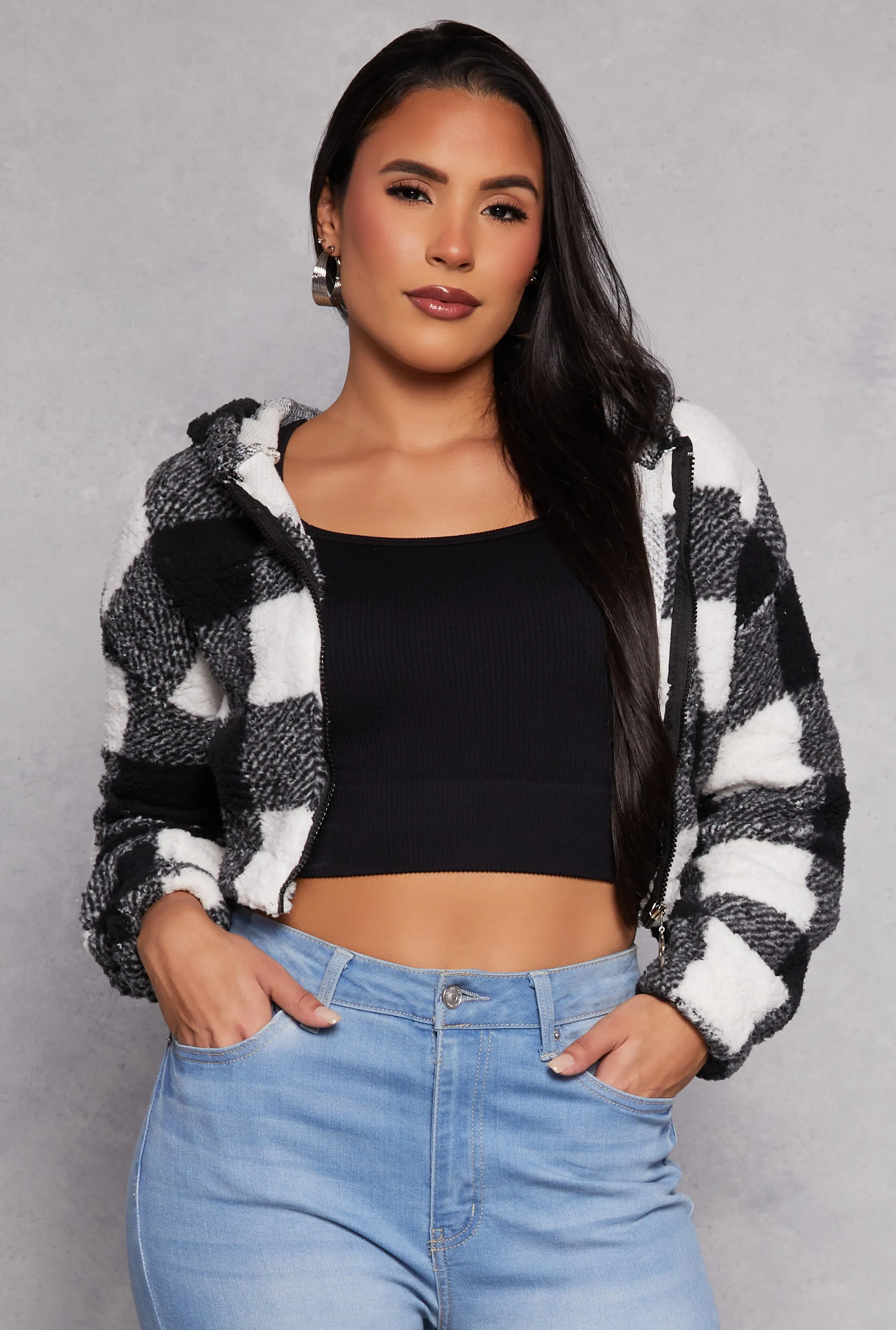 Buffalo Plaid Zip Front Hooded Cropped Jacket sold by Rainbow