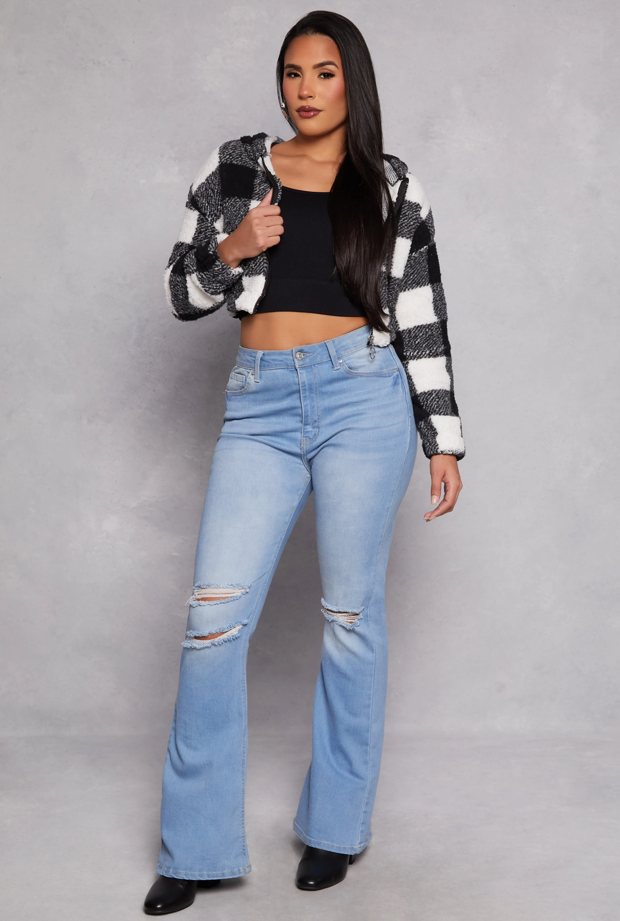 Buffalo Plaid Zip Front Hooded Cropped Jacket sold by Rainbow product image thumbnail 2