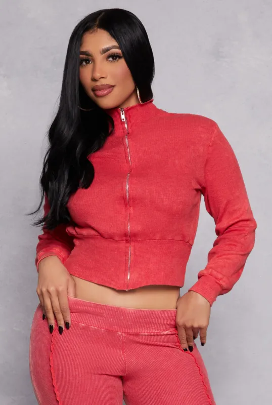 Ribbed Knit Acid Wash Zip Front Crop Top sold by Rainbow