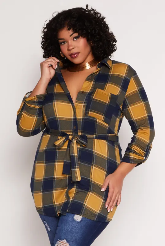 Plus Size Plaid Tie Waist Belted Shirt sold by Rainbow