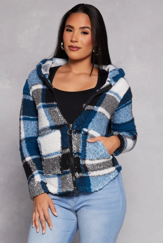 Sherpa Plaid Zip Front Hoodie sold by Rainbow