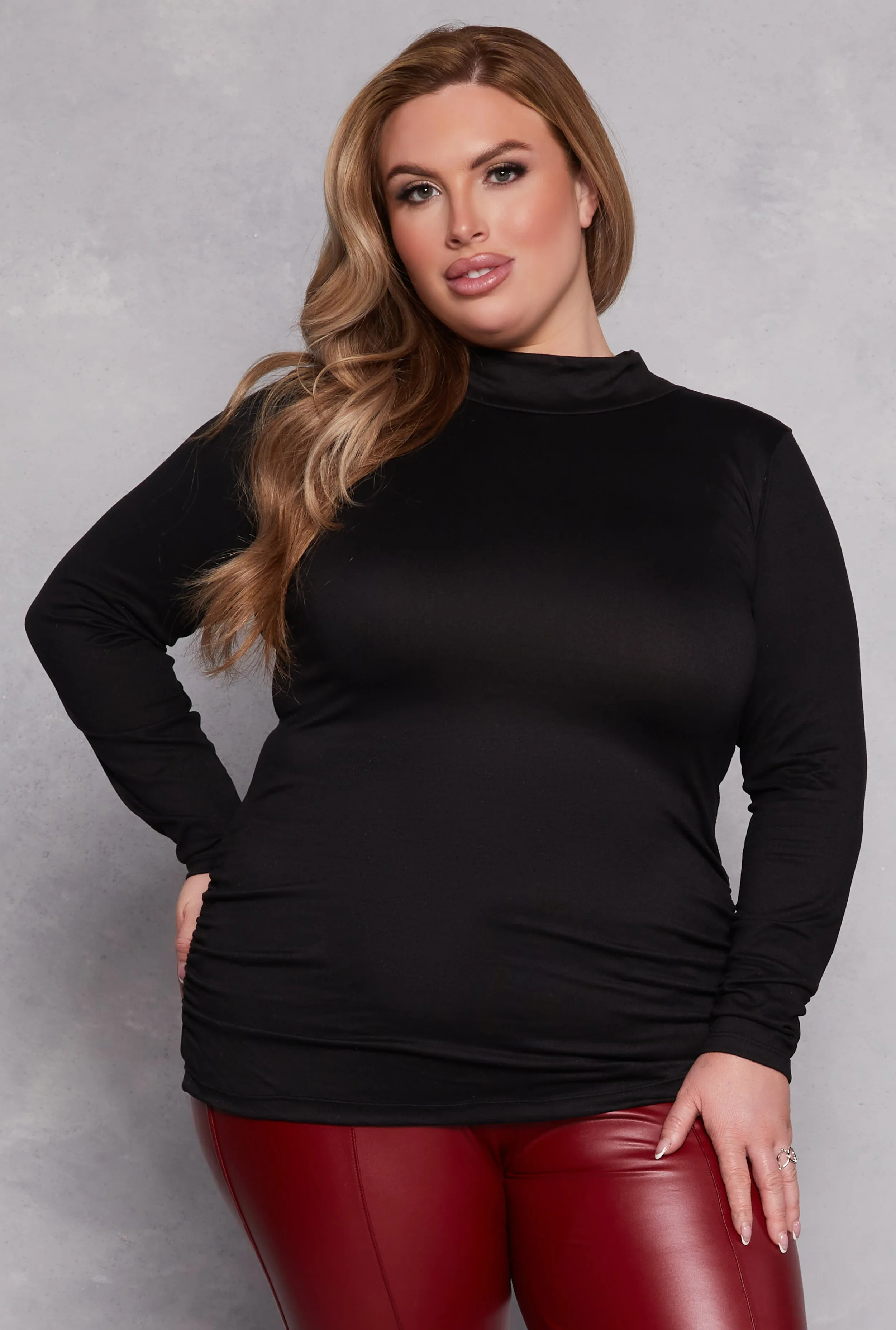 Plus Size Soft Knit Ruched Mock Neck Top sold by Rainbow