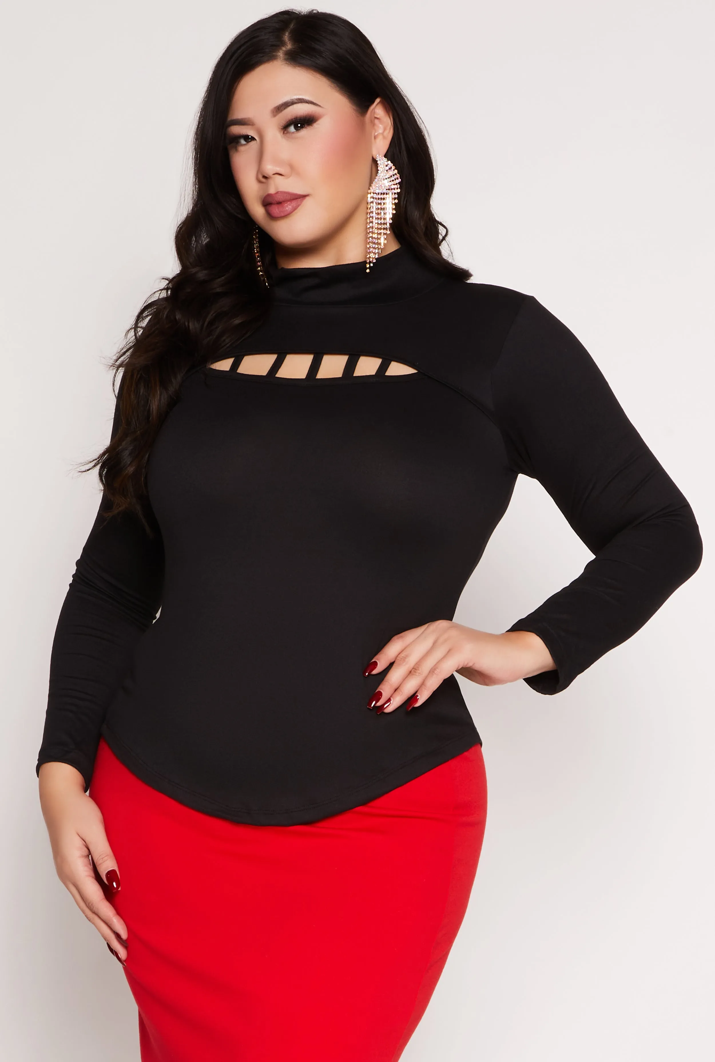Plus Size Caged Keyhole Long Sleeve Top sold by Rainbow
