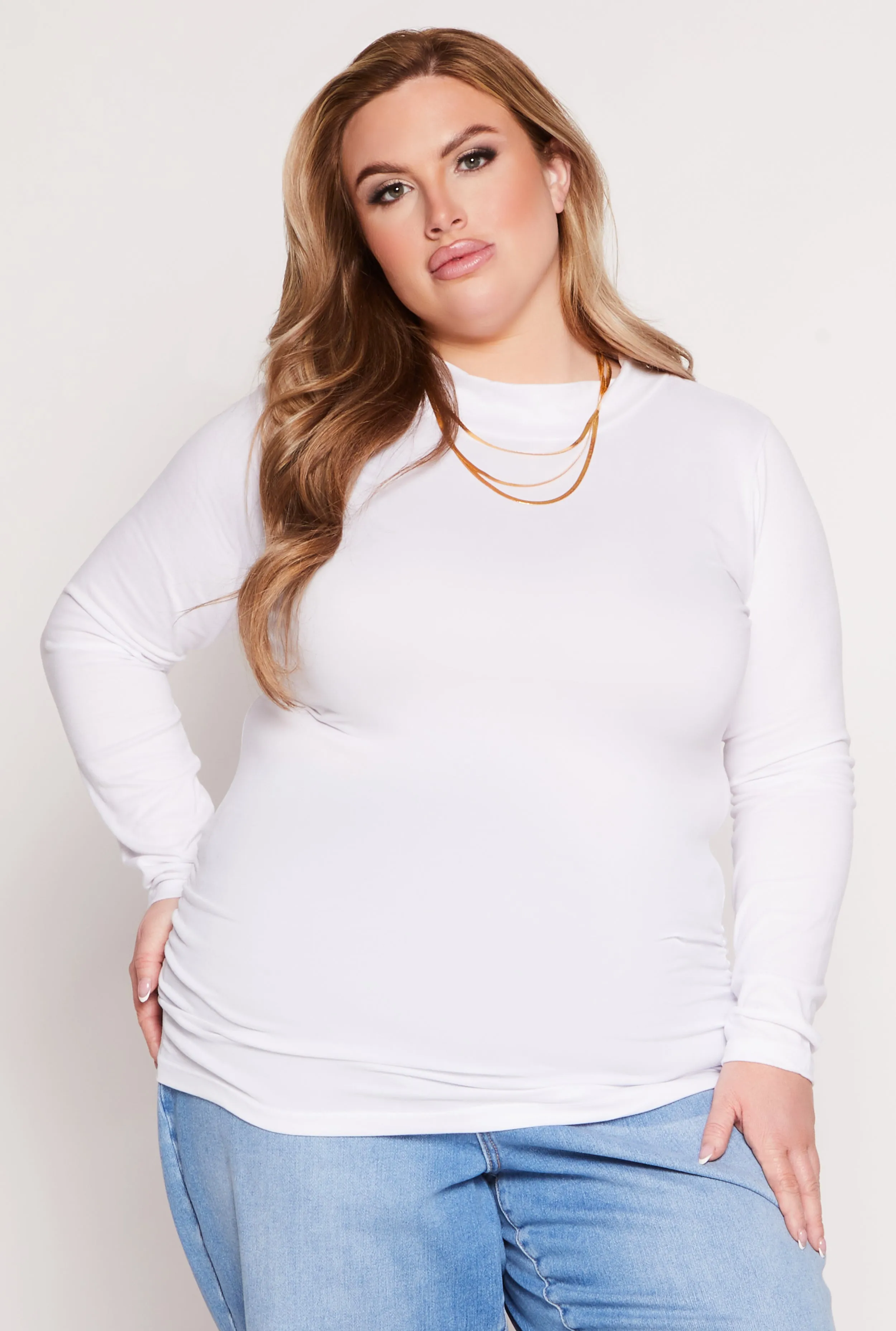 Plus Size Soft Knit Ruched Mock Neck Top sold by Rainbow