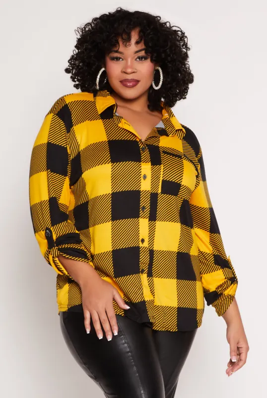 Plus Size Buffalo Plaid Tabbed Sleeve Shirt sold by Rainbow