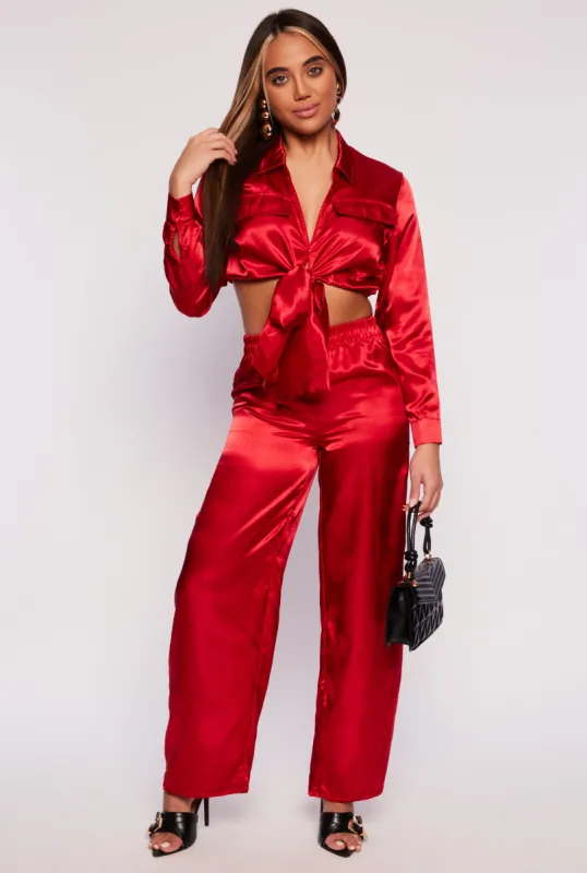 Satin Tie Front Crop Top and Wide Leg Pants sold by Rainbow