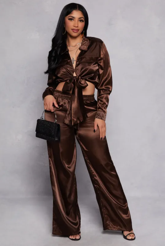 Satin Tie Front Crop Top and Wide Leg Pants sold by Rainbow