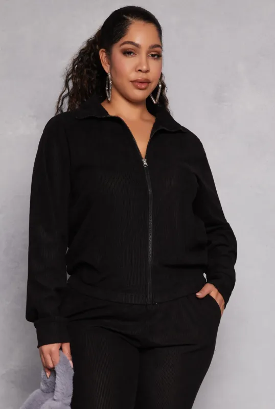 Plus Size Ribbed Knit Zip Front Sweatshirt sold by Rainbow
