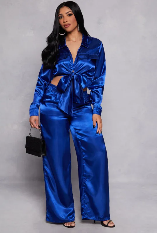 Satin Tie Front Crop Top and Wide Leg Pants sold by Rainbow