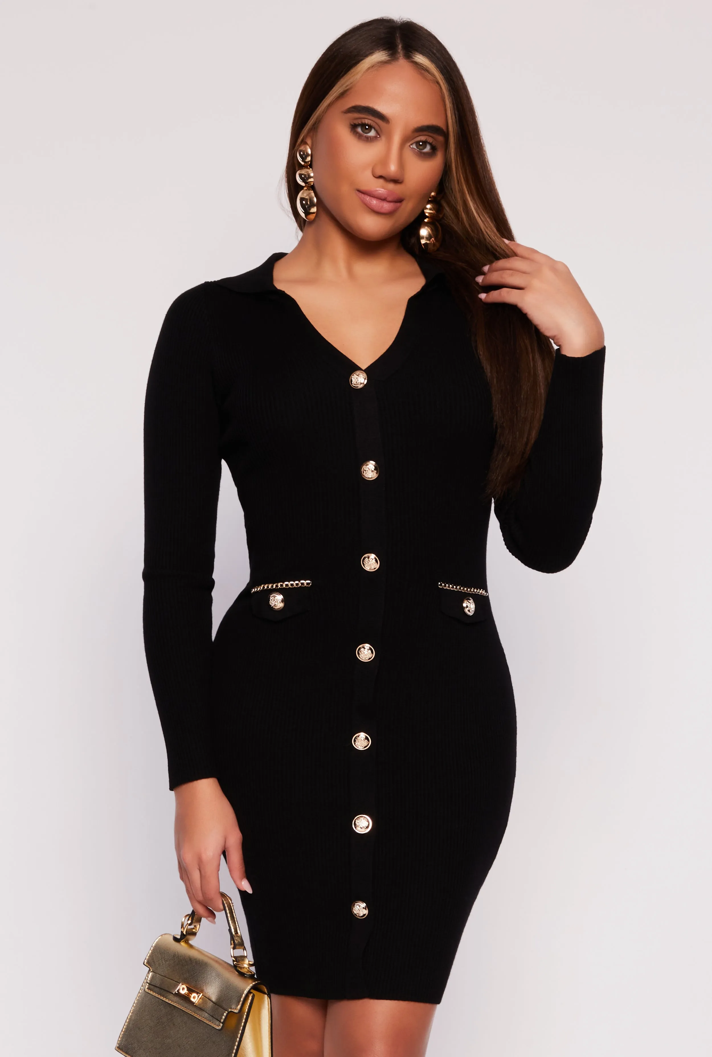 Faux Button Polo Collar Sweater Dress sold by Rainbow