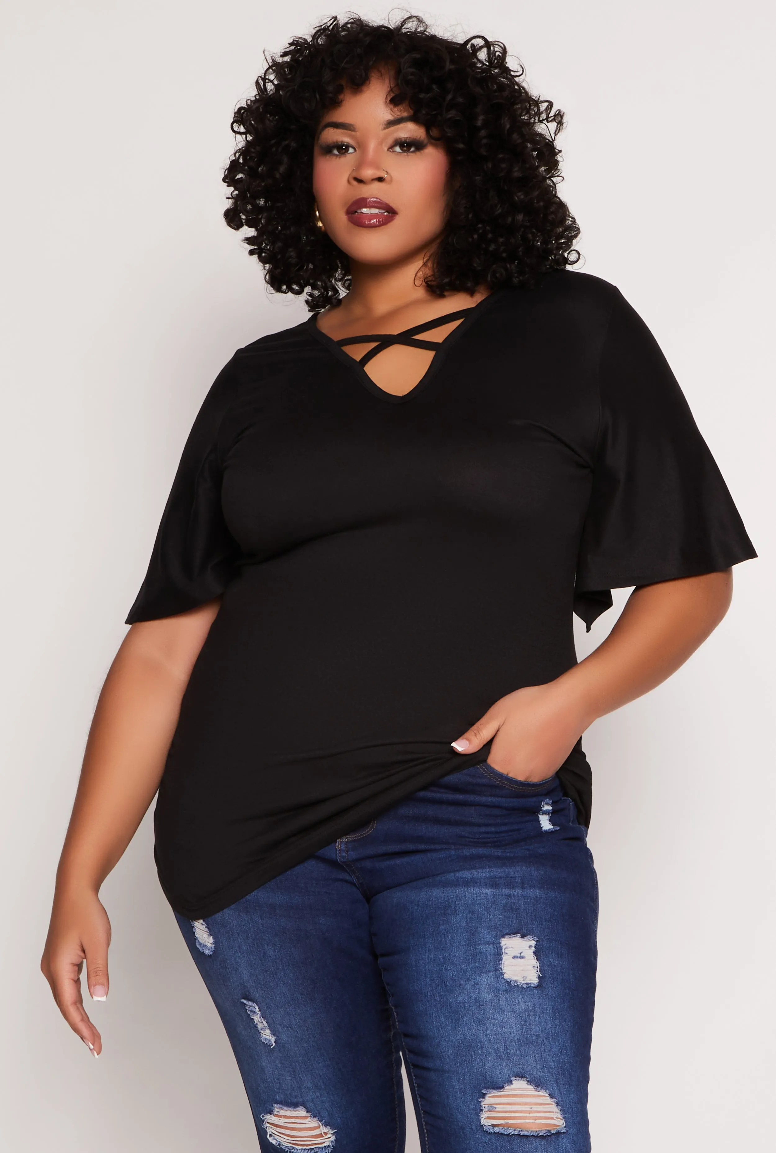 Plus Size Criss Cross V Neck Flutter Sleeve Top sold by Rainbow