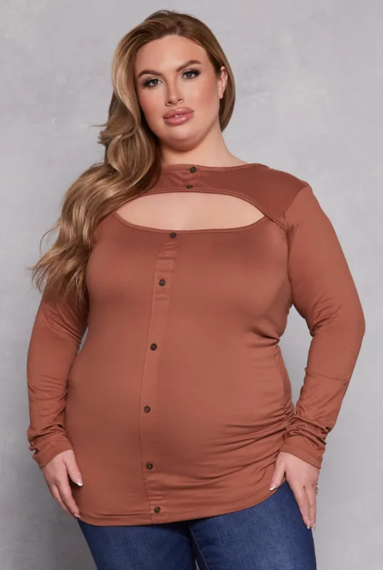 Plus Size Button Detail Cut Out Top sold by Rainbow
