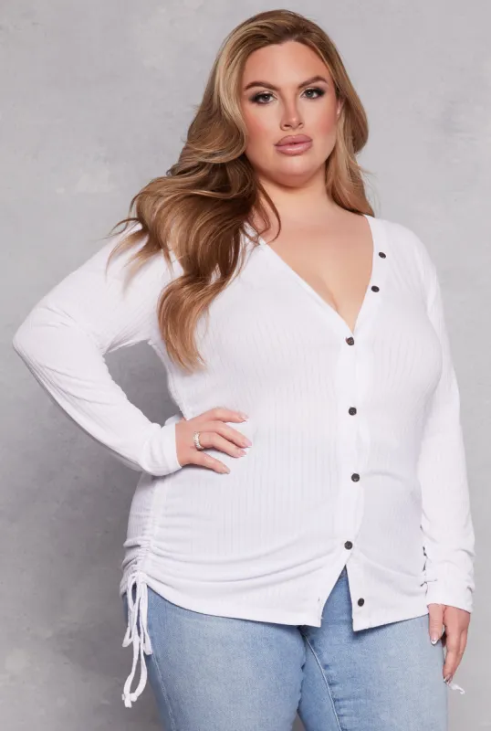 Plus Size Ruched Drawstring Side Button Front Top sold by Rainbow