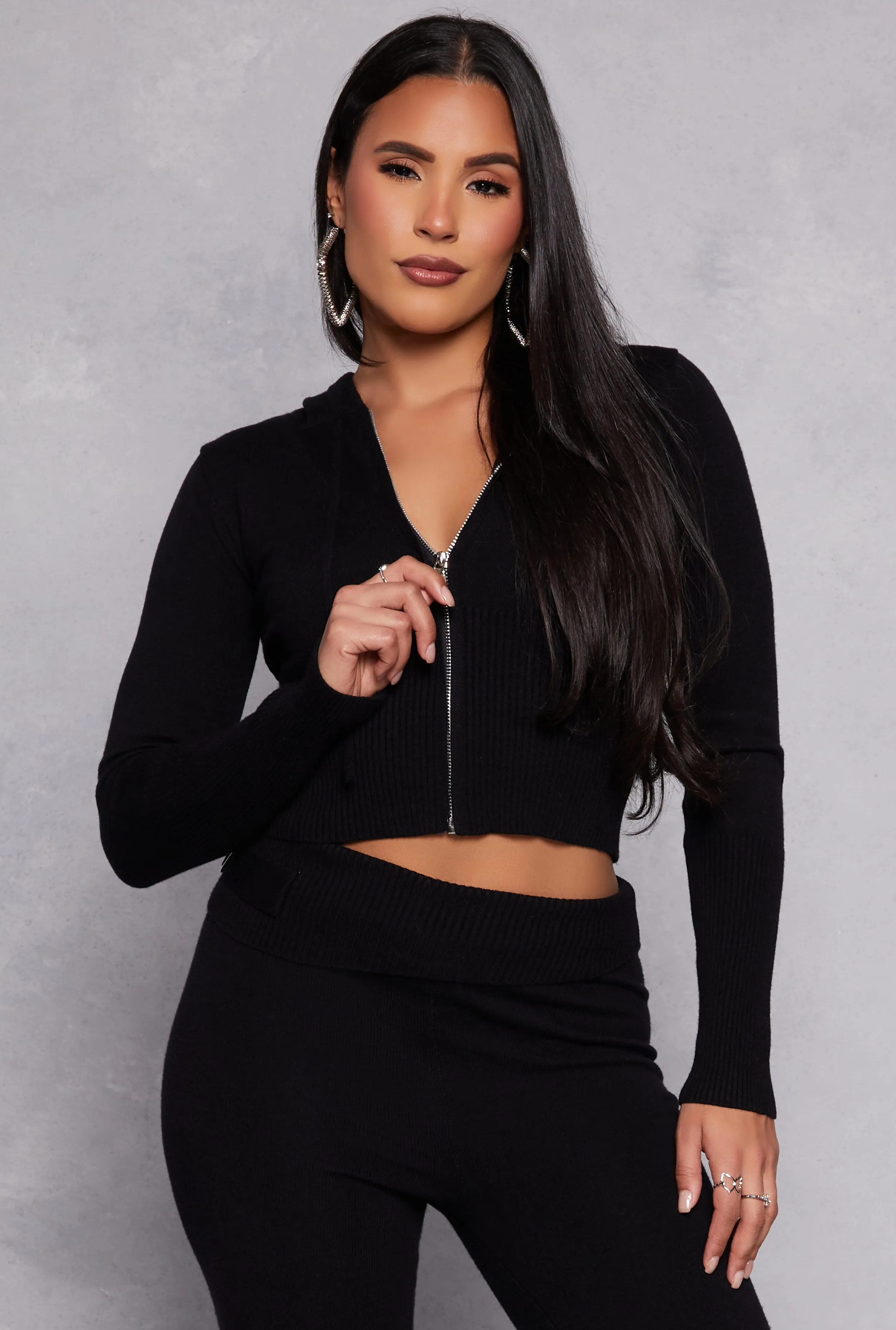 Ribbed Knit Zip Front Hoodie sold by Rainbow