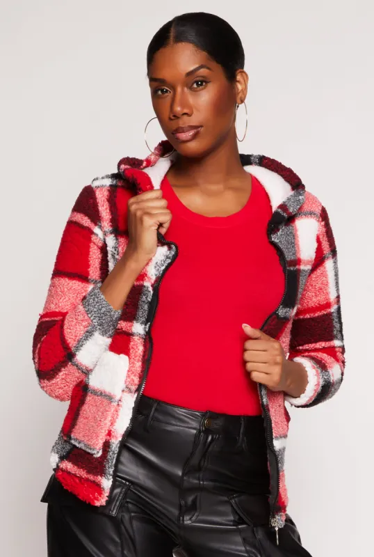 Sherpa Plaid Zip Front Hoodie sold by Rainbow