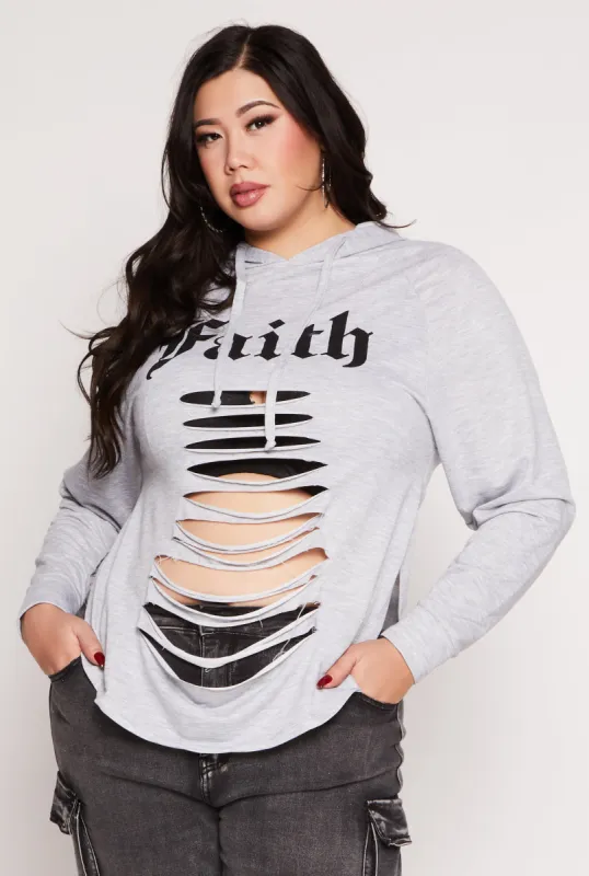 Plus Size Faith Graphic Slashed Hooded Top sold by Rainbow