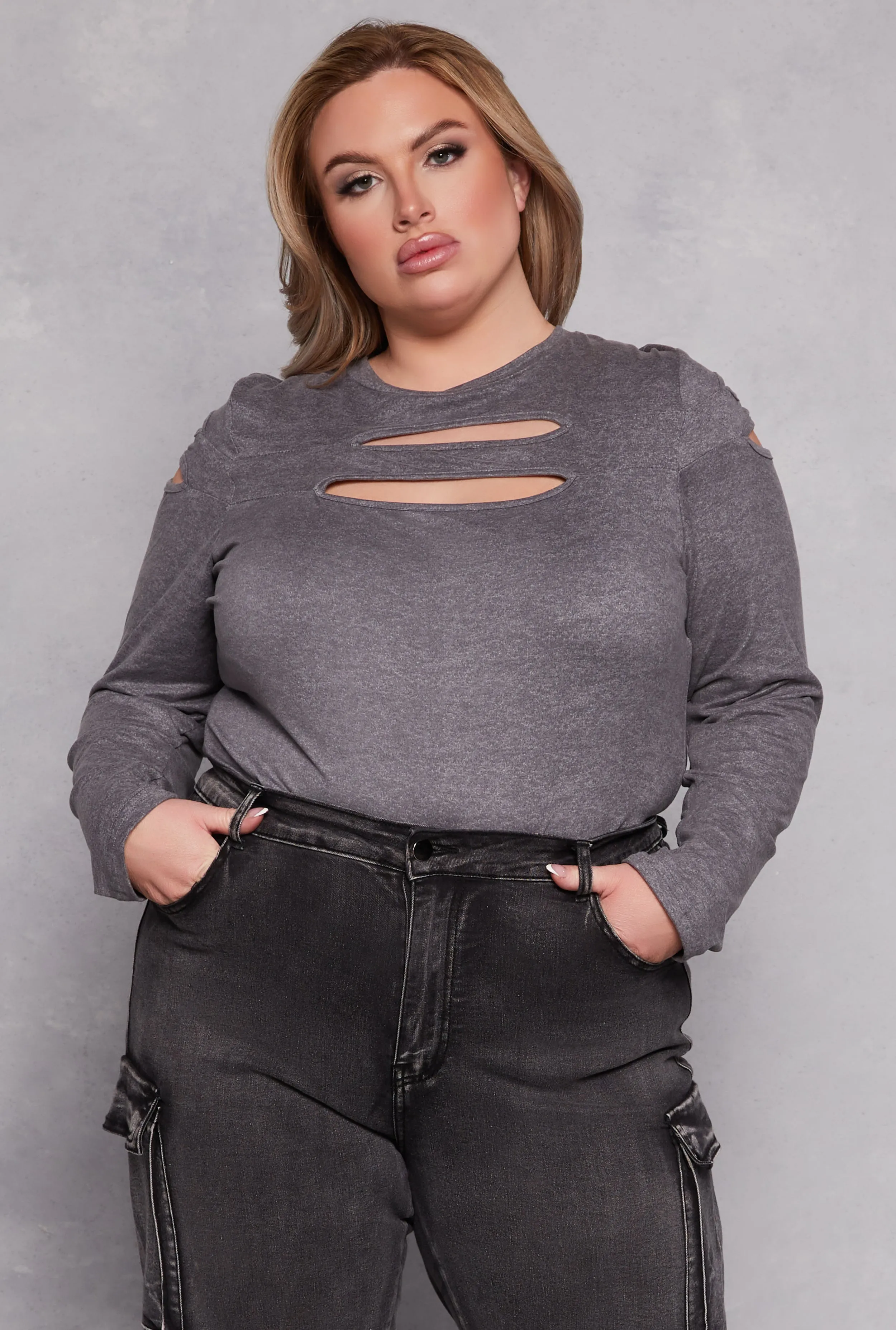 Plus Size Cut Out Detail Long Sleeve Top sold by Rainbow