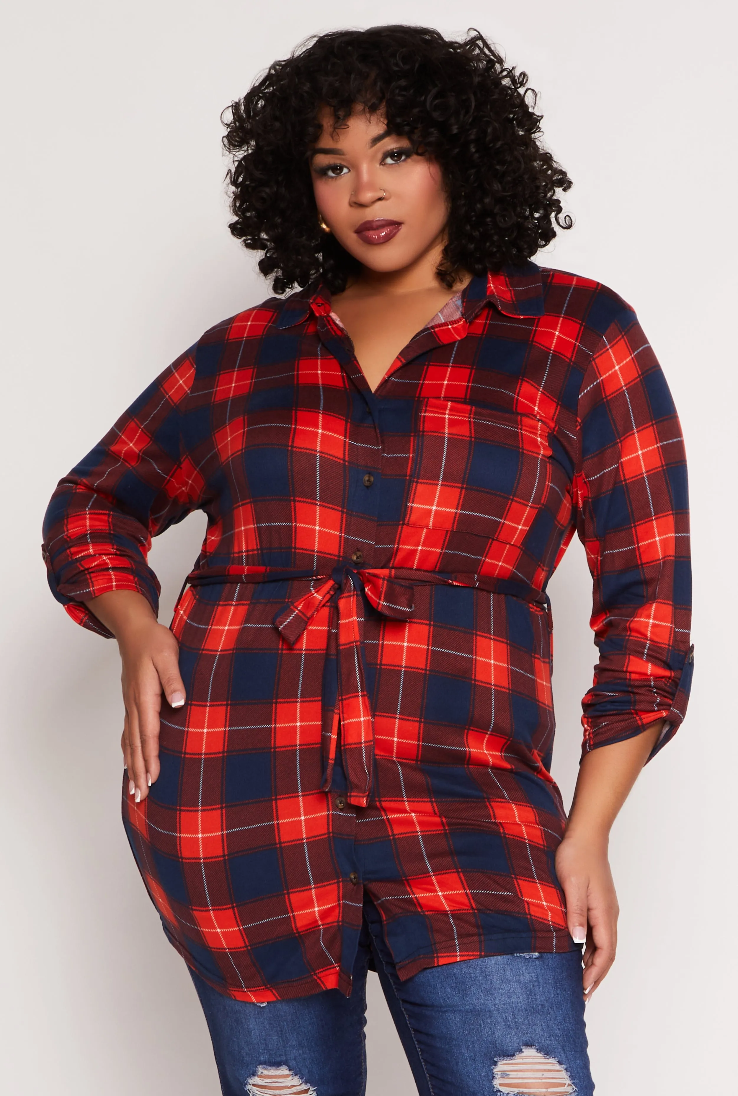 Plus Size Plaid Tie Waist Belted Shirt sold by Rainbow