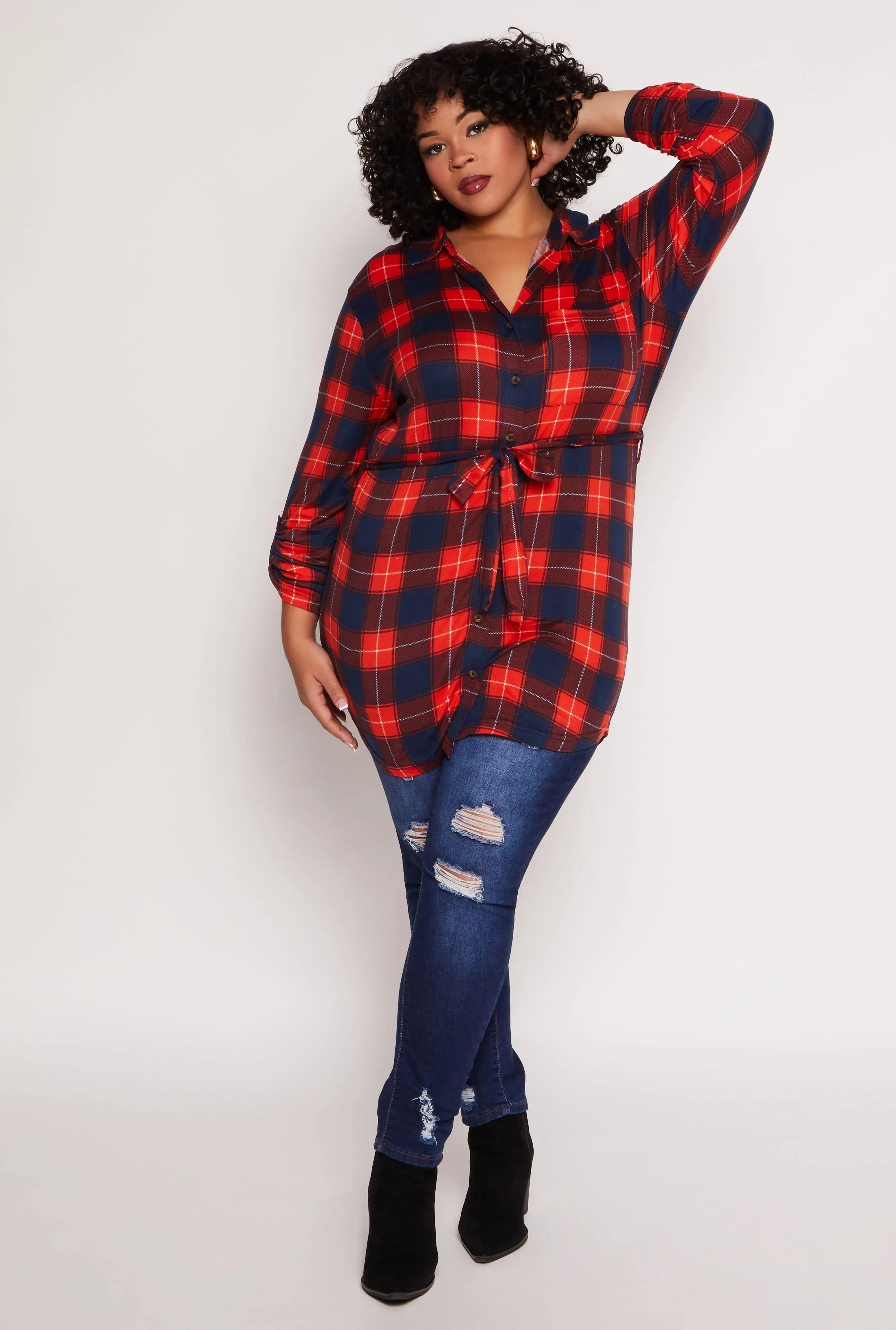 Plus Size Plaid Tie Waist Belted Shirt sold by Rainbow product image thumbnail 2