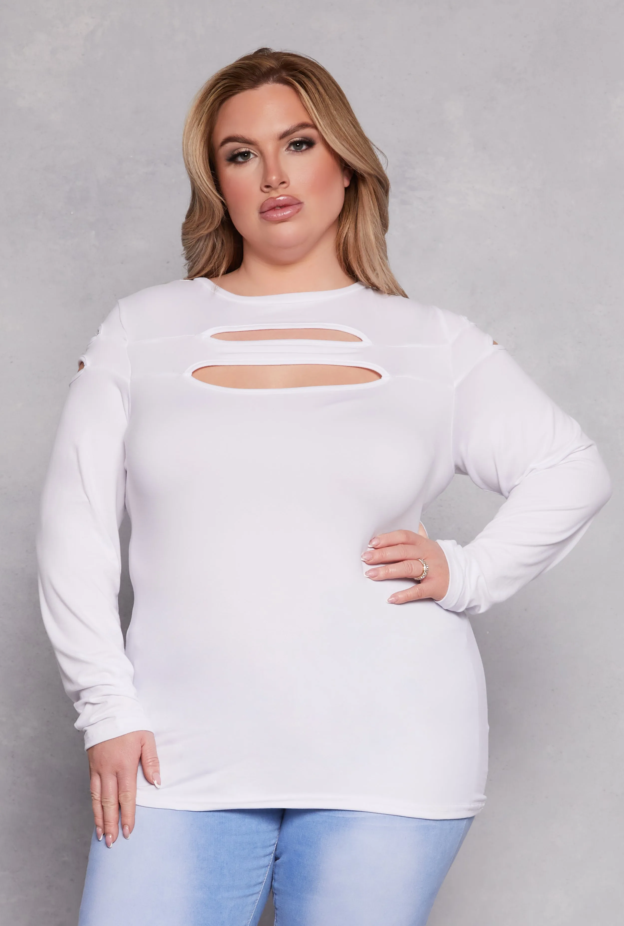 Plus Size Cut Out Detail Long Sleeve Top sold by Rainbow