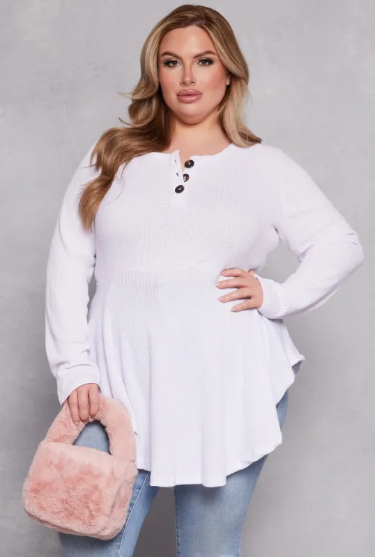 Plus Size Waffle Knit Henley Peplum Top sold by Rainbow